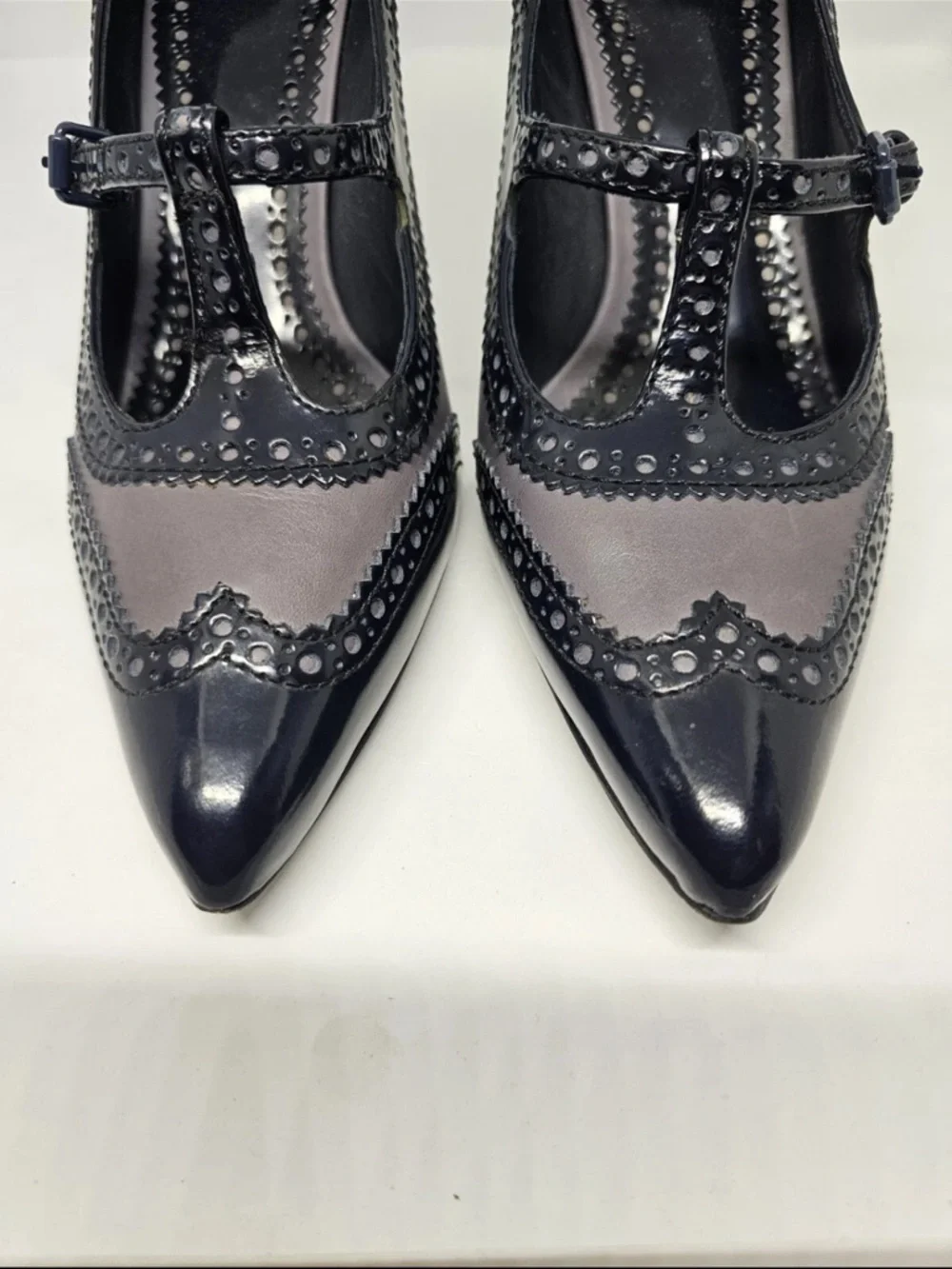 Tory Burch Black and Gray Pointed-Toe Mary Jane Heels